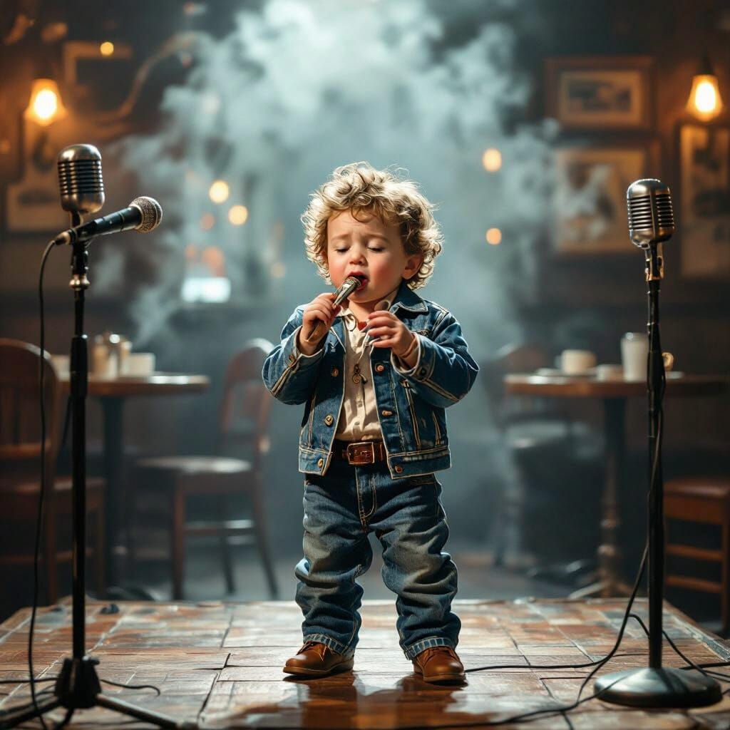 Hyperrealistic Baby Bob Dylan Sings in Greenwich Village