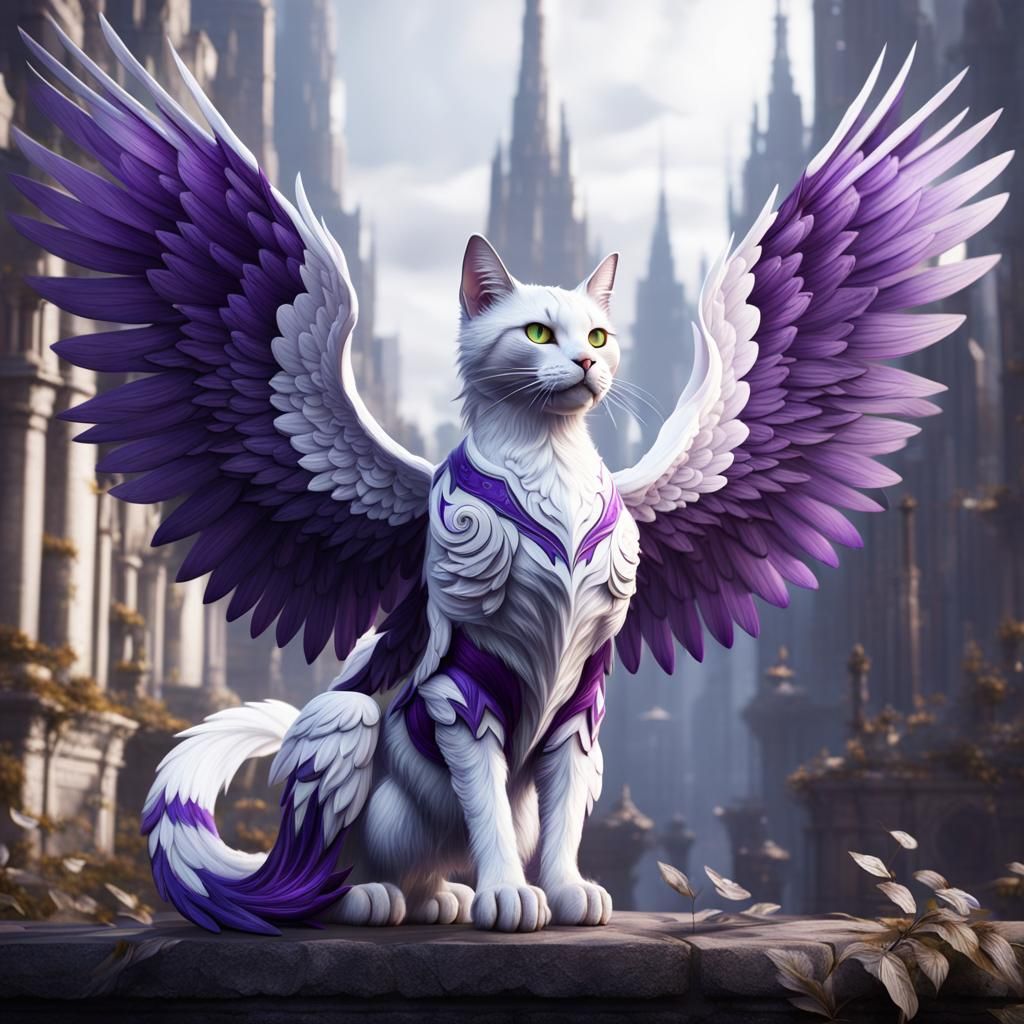 Fantastical White and Purple Winged Cat in Digital Art