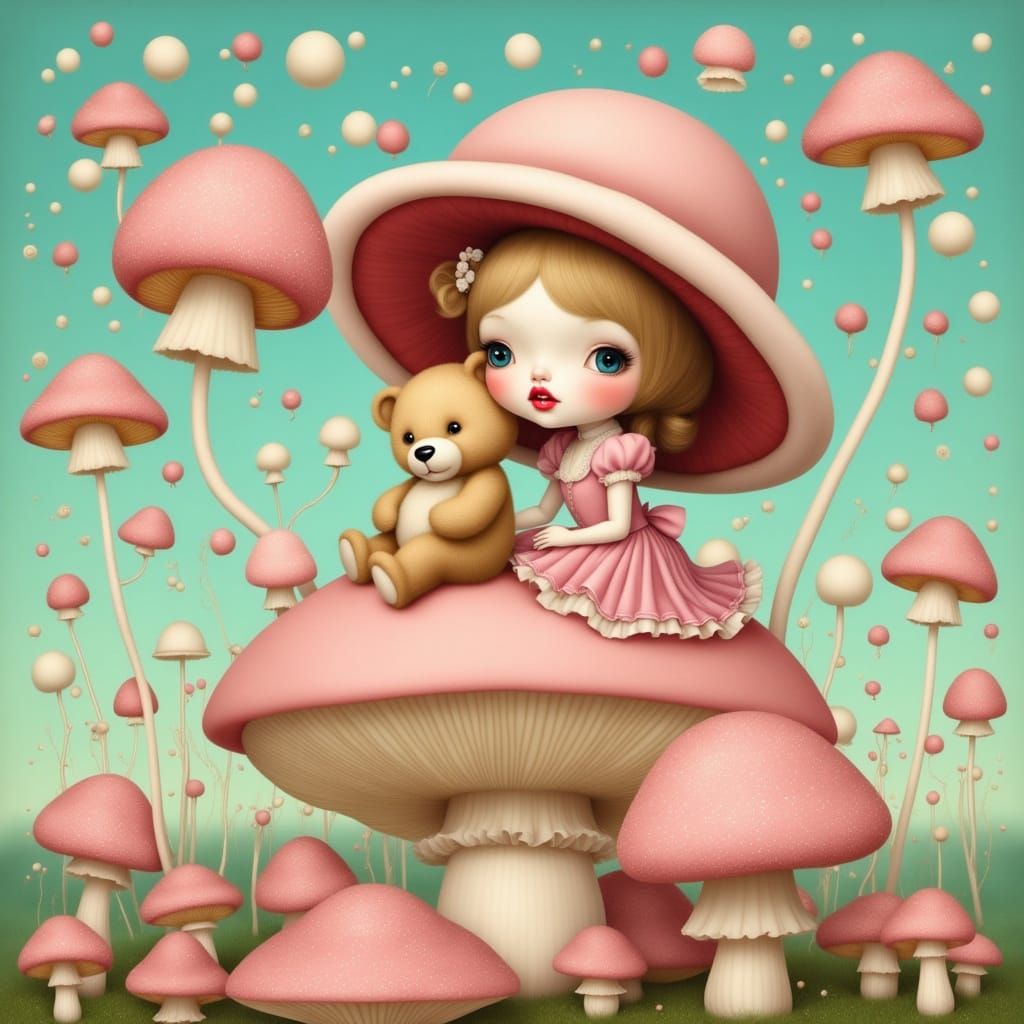 Girl and Bear on Mushroom, Pop Surreal Style