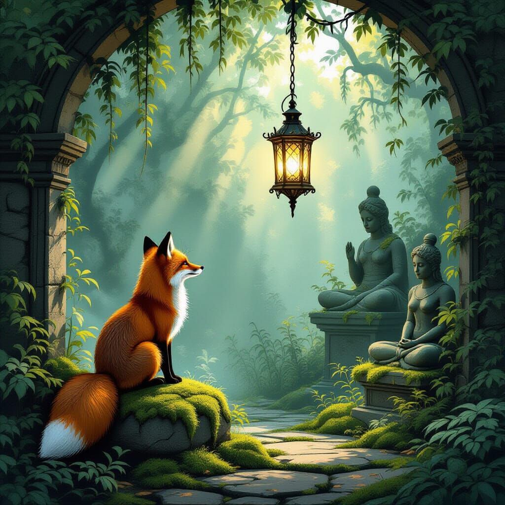 Fox Gazes At Ethereal Lantern in Forgotten Garden