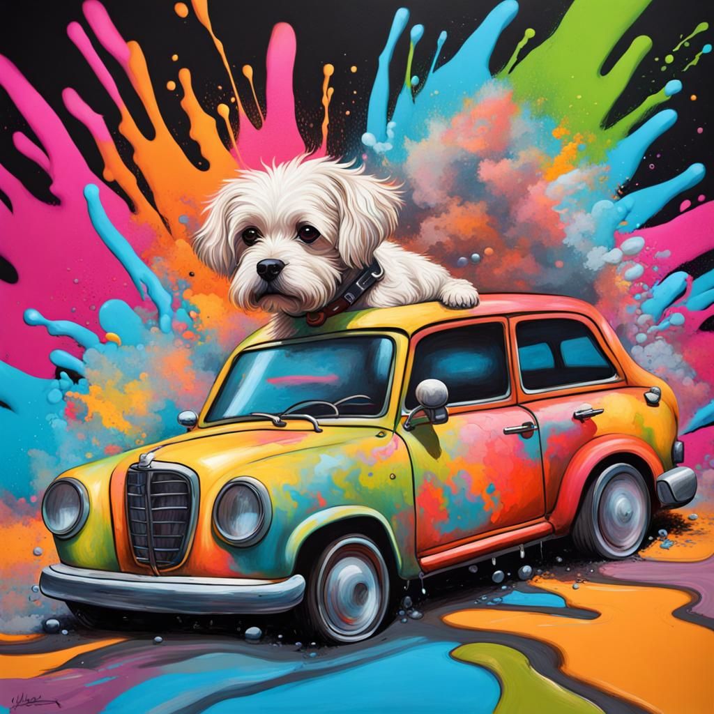 Dog Driving Car in Graffiti Splash Art Style