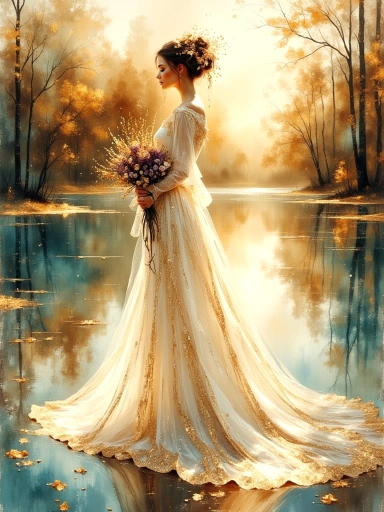 Elegant Lady in Flowy Dress with Purple Roses, Oil and Water...