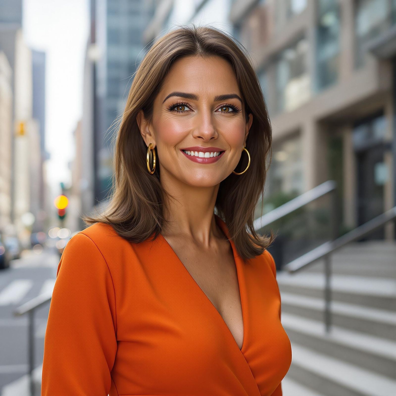 Hyper-Realistic Businesswoman in Orange Dress