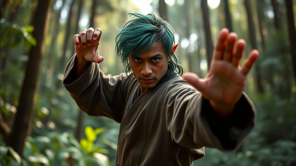 Ethereal Wood Elf Martial Artist in Lush Forest