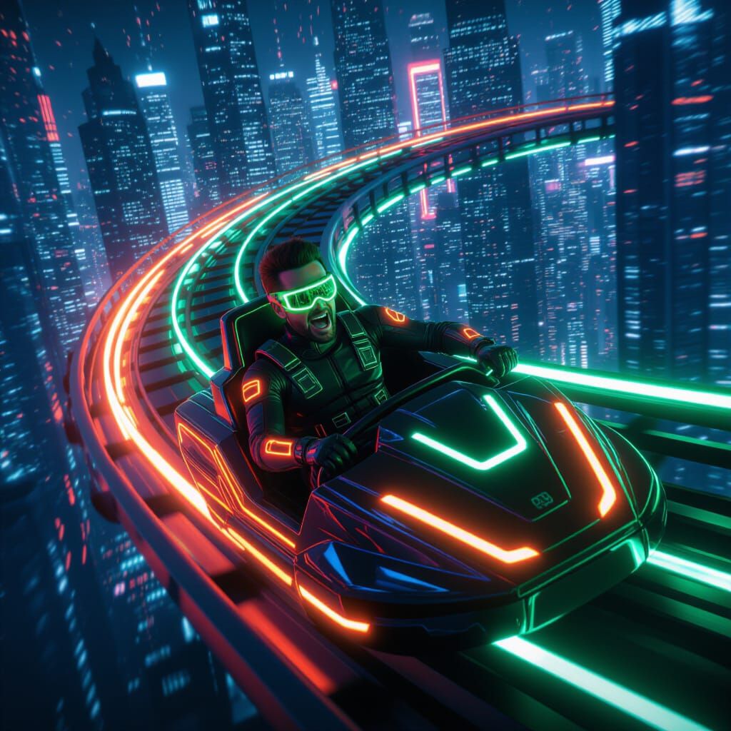 Cyberpunk Rider on Futuristic Roller Coaster
