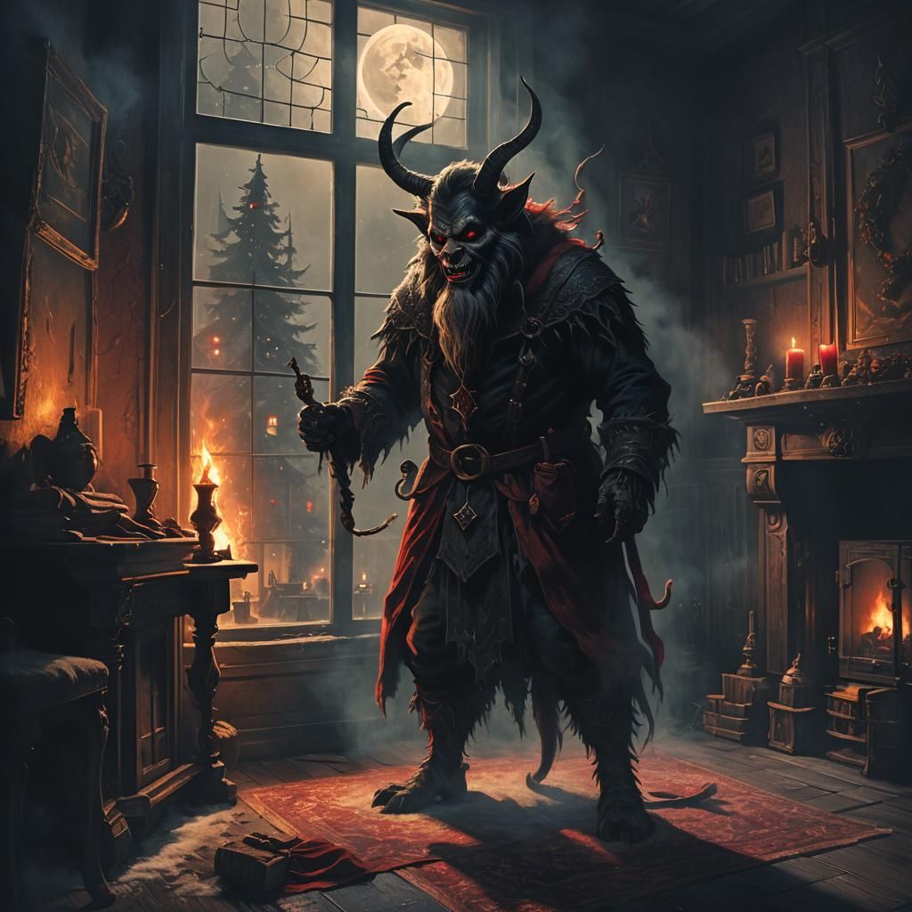 Krampus at Snowy Window: Dark Fantasy Concept Art