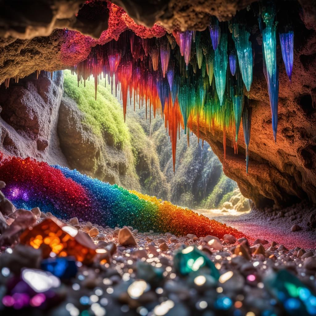Iridescent Crystals Fill Rainbow Cave: Hyperrealistic Image
