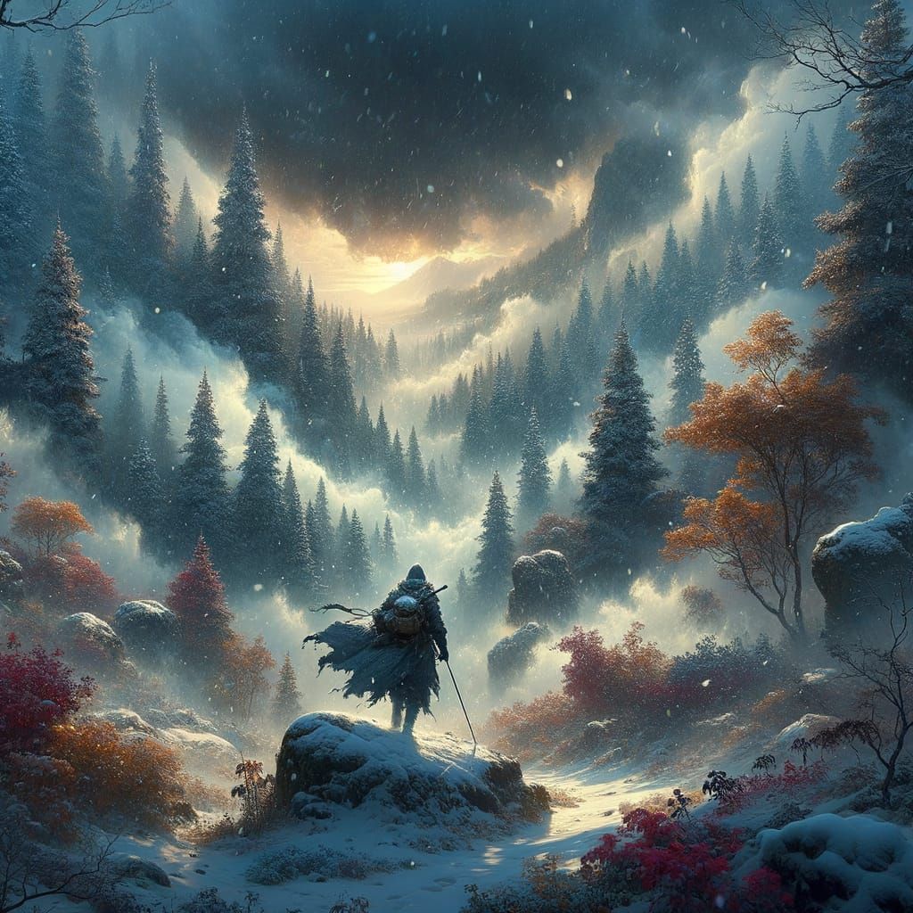 Enigmatic Wanderer in Blizzard, Matte Painting Concept Art