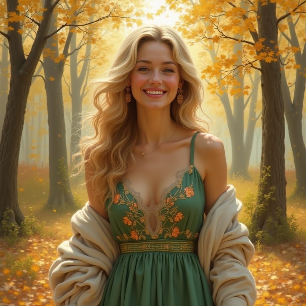 Serene Woman in Silk Dress in Autumn Forest Oil Painting
