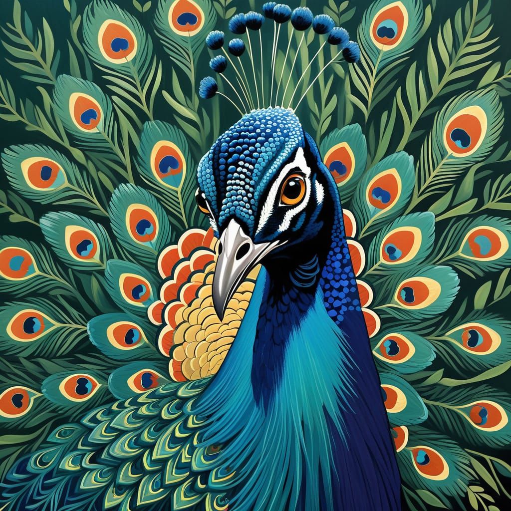 Majestic Peacock Portrait in Folk Art Naïve Style