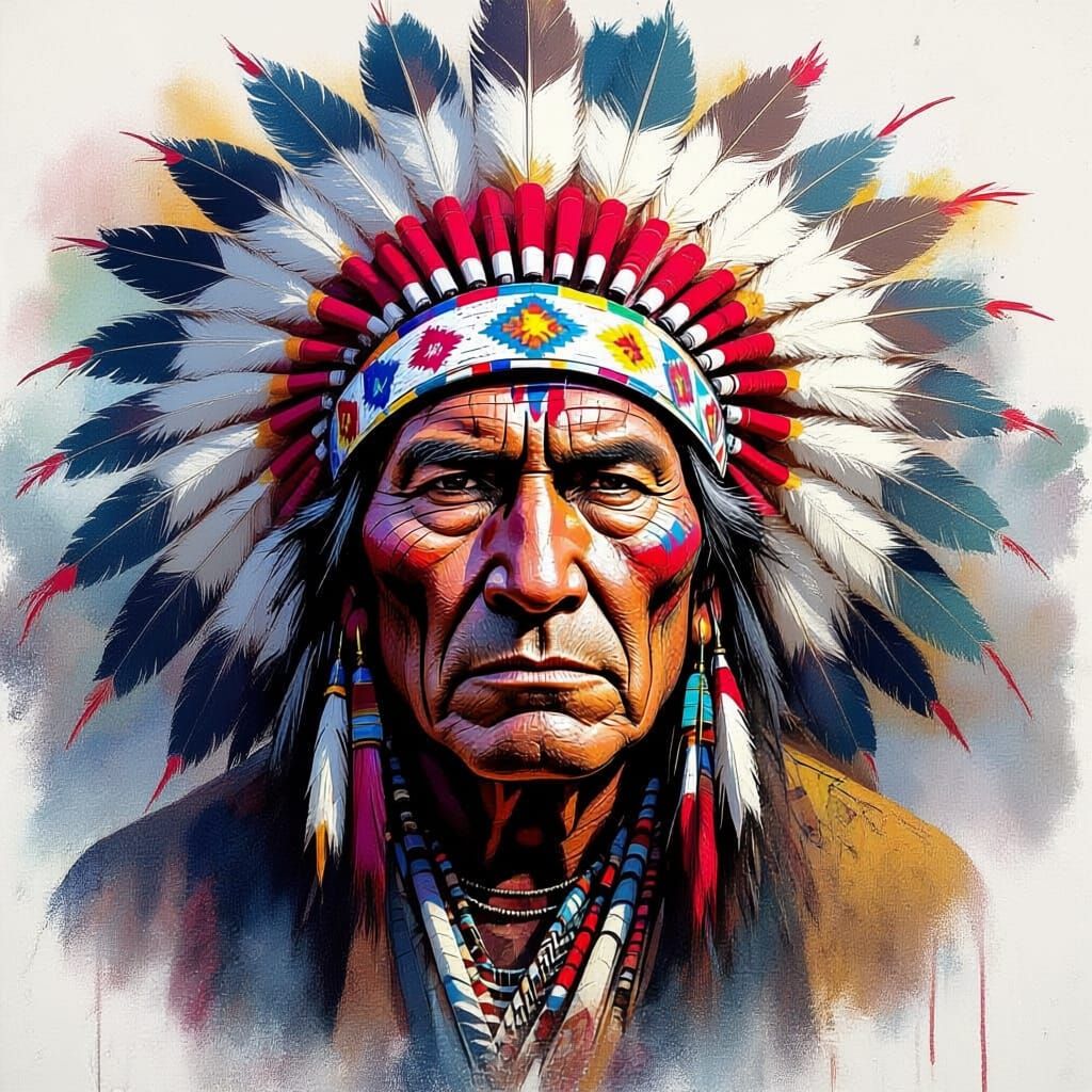 Weathered Chief in War Headdress Ponders Battlefield