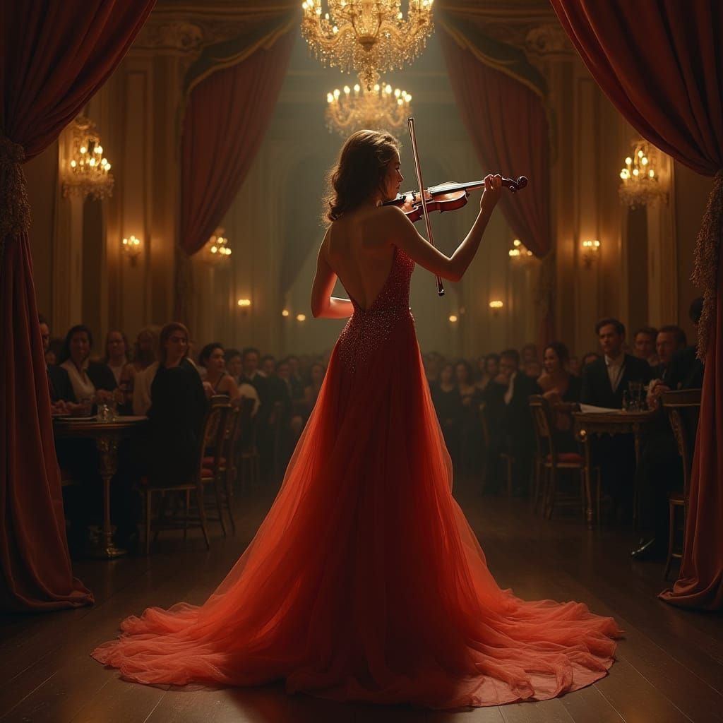 Elegant Woman Performing Violin on Dimly Lit Stage