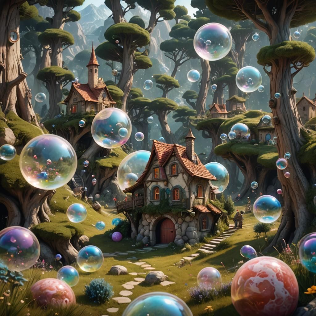 Bubbles and small houses in a fantasy forest)