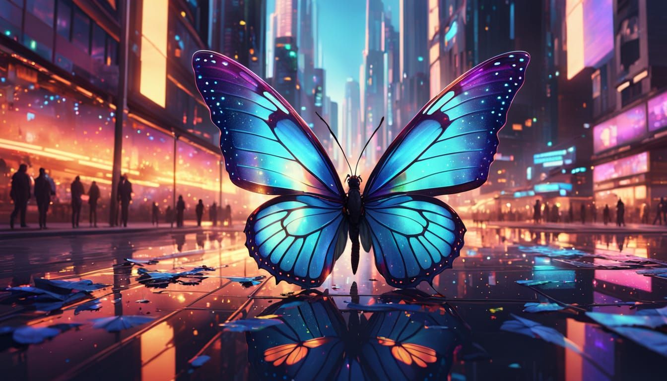 Butterfly Glimmering in Neon Cityscape: Digital Art