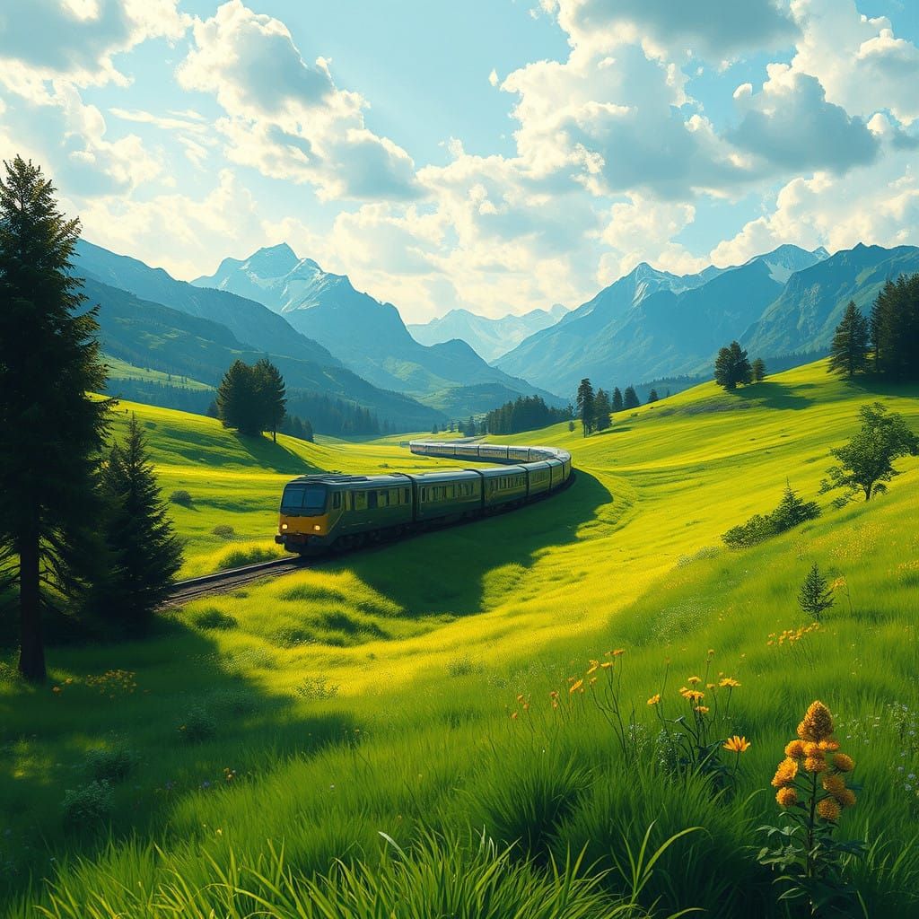 Train in Whimsical, Dreamlike Fantasy Landscape