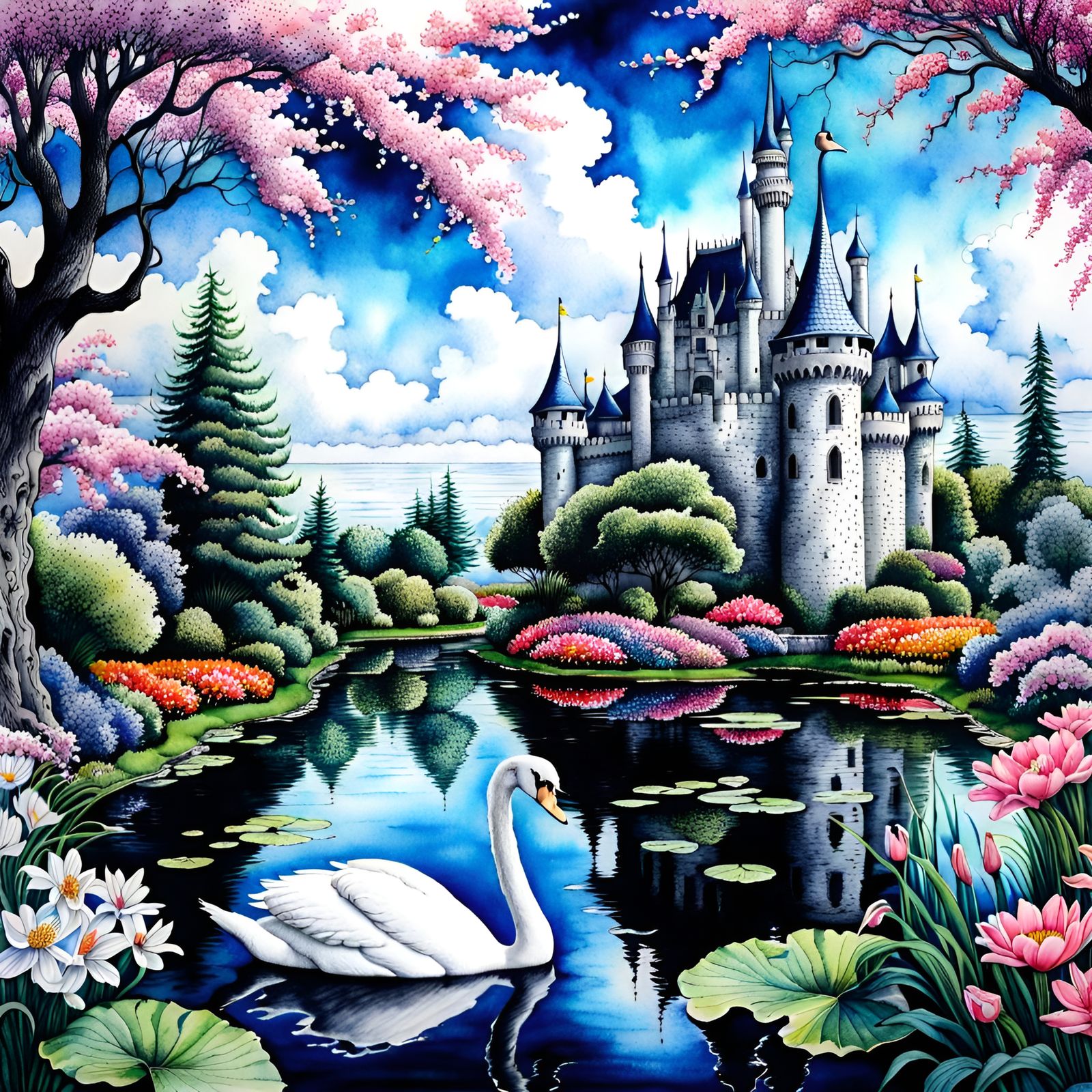 Fairy Fantasy Castle, Pond, flowers, trees, white swan, sky, Hyperrealistic ,hyperdetailed black pen and ink, hyperdetai...