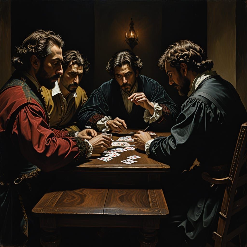Baroque Card Game: Tense Encounter in Golden Light