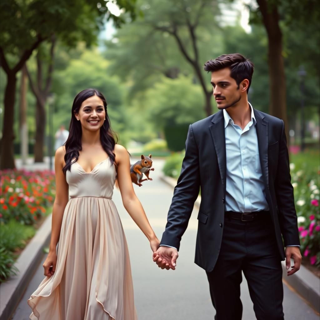 Romantic Park Photo with Squirrel, Cinematic Film Still