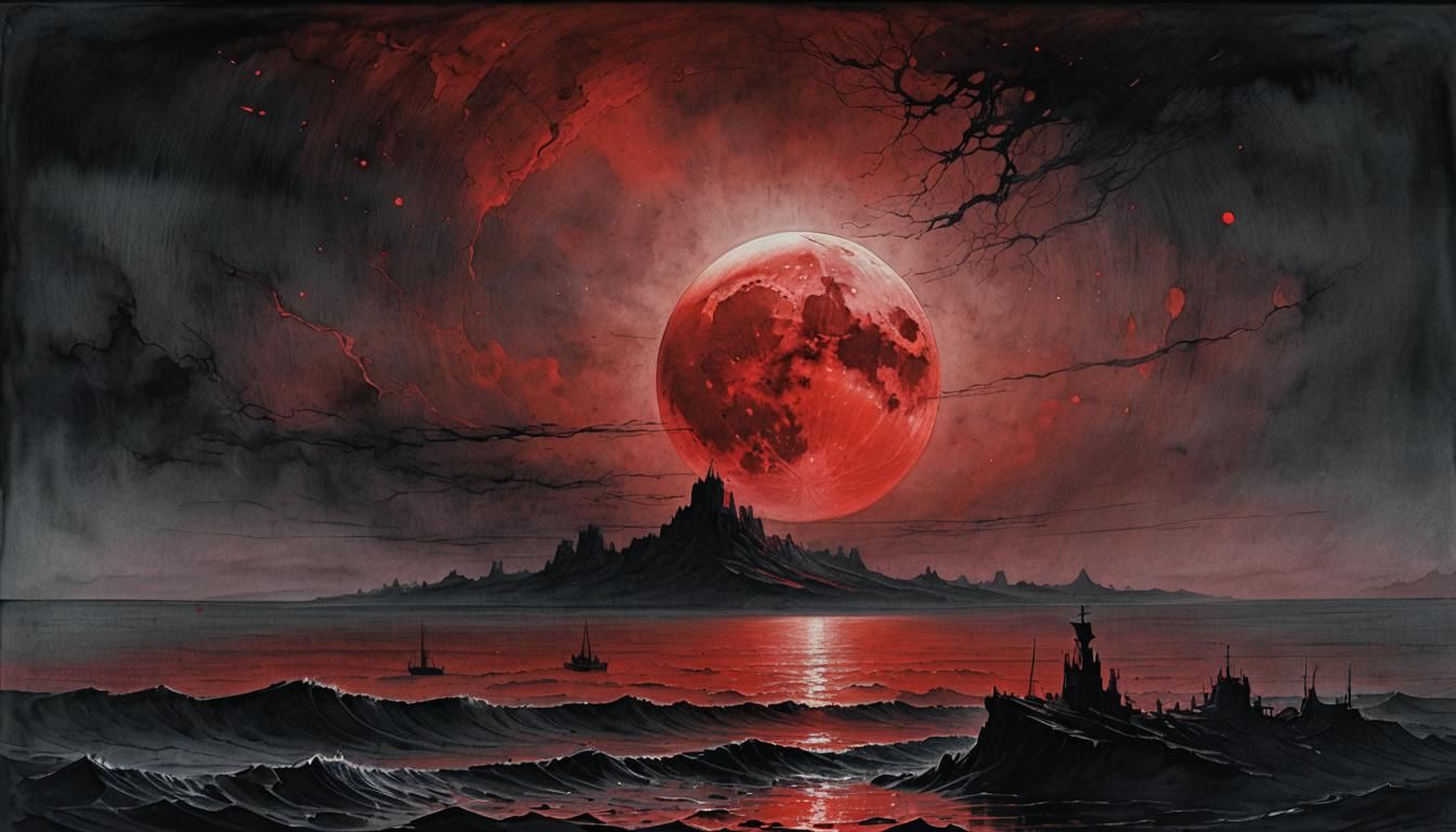 Sinister Crimson Moon over Blood Ocean