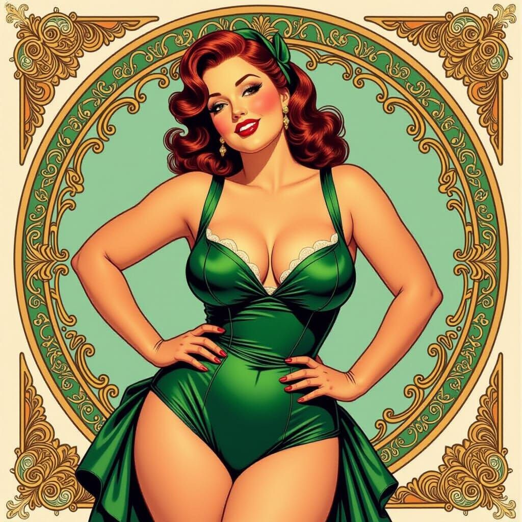 Vintage Pin-Up Girl in Art Nouveau Style