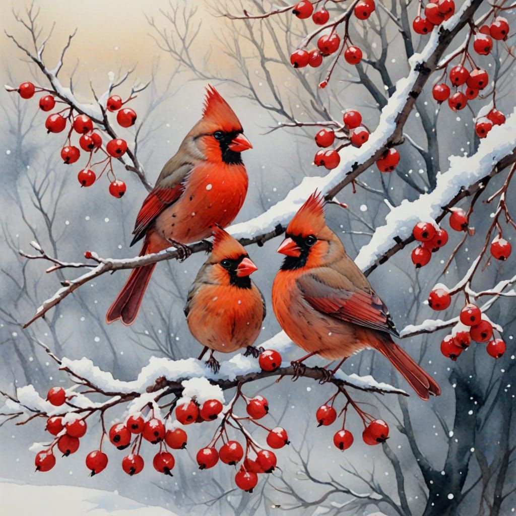 Winter Cardinals in Watercolor Splendor