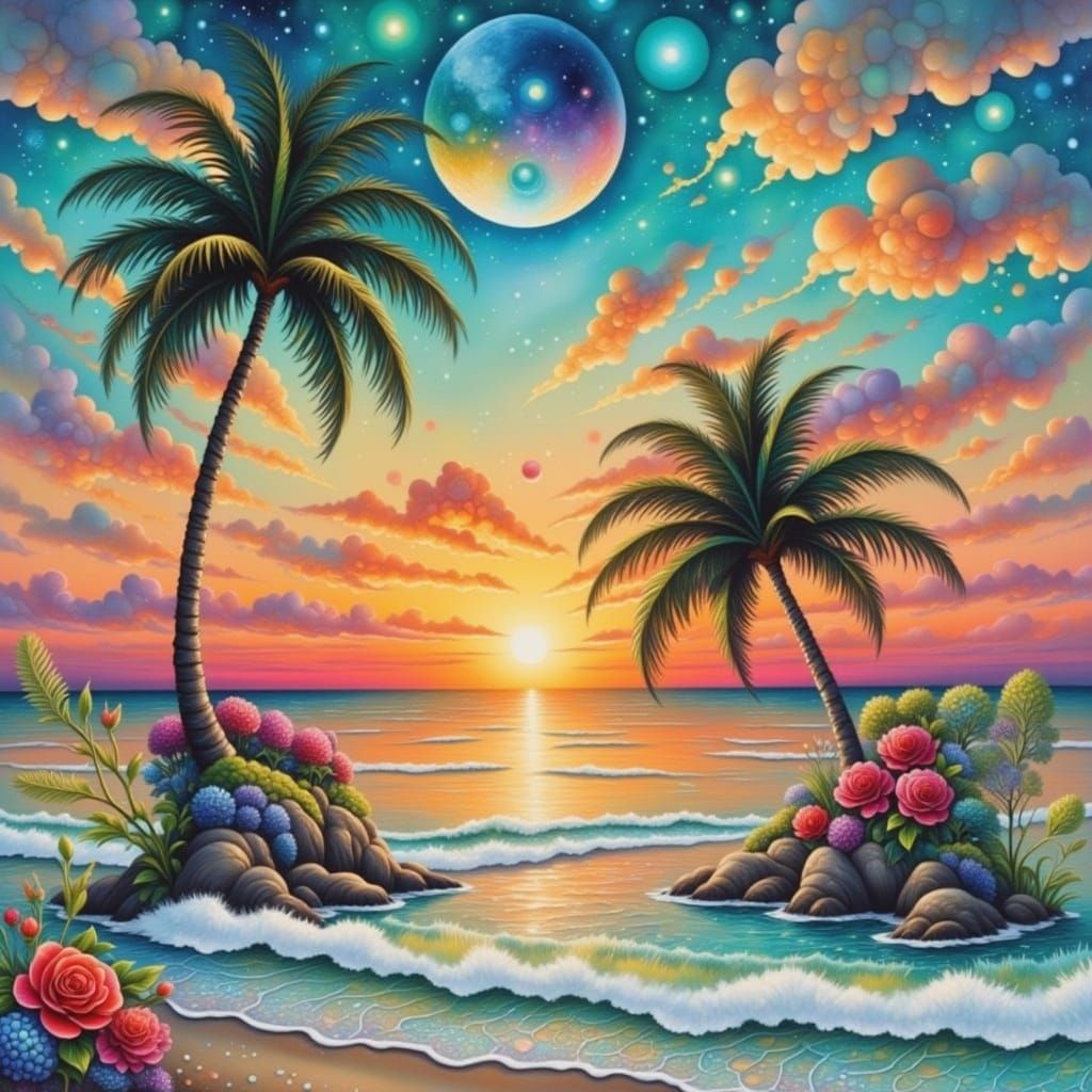 Blood Red Moon Over Teal Ocean in Van Gogh Style