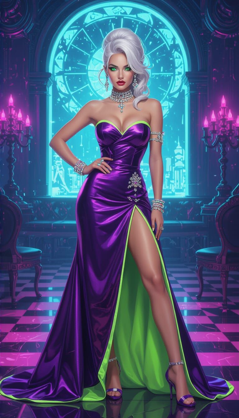 Cyberpunk Temptress in Neon Ballroom
