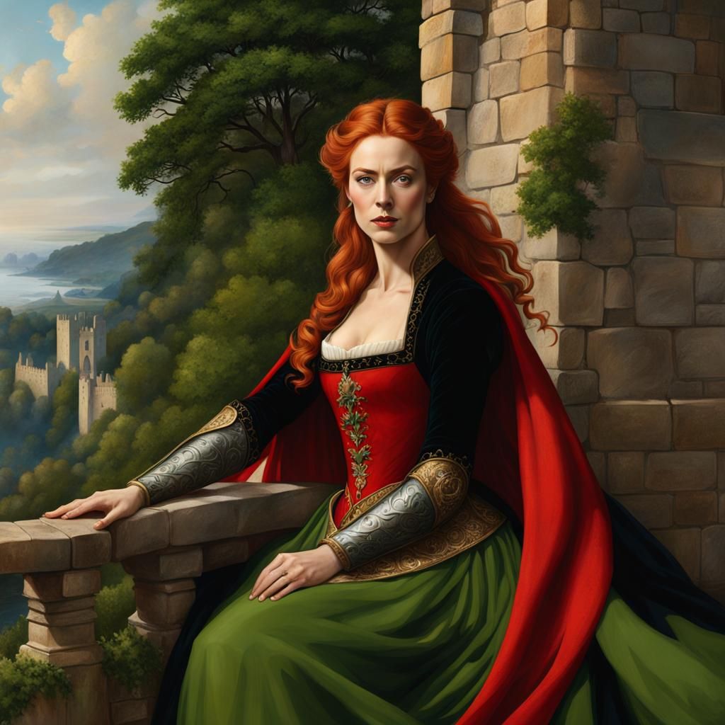 Red-Haired Medieval Woman with Lion