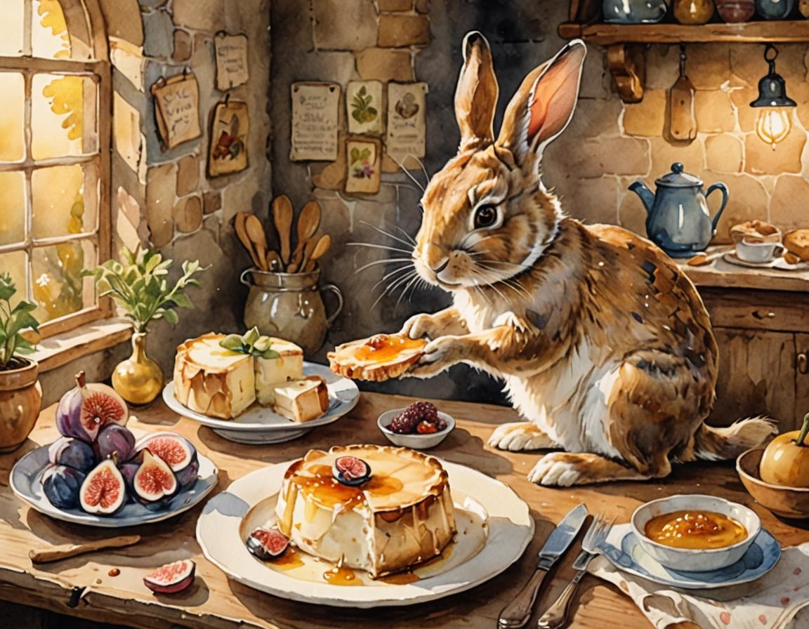 Rabbit Serving Brie: Whimsical Watercolor Illustration