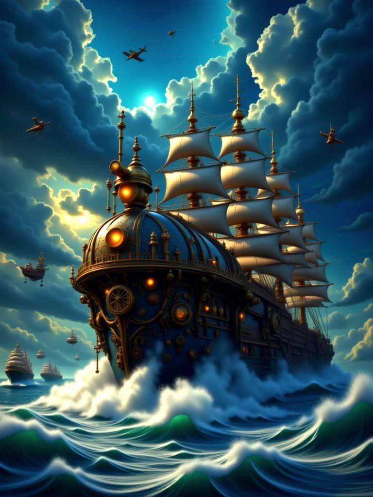 Majestic Steampunk Ship on Bioluminescent Ocean