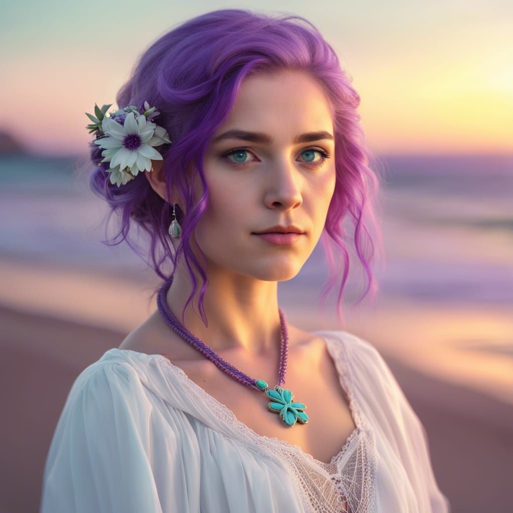 Purple-Haired Girl with Flowers on the Beach