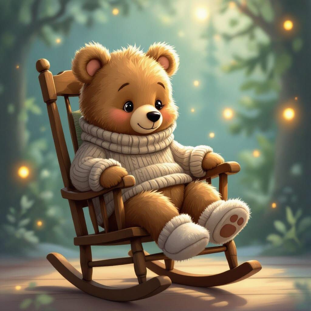 Cartoon Bear in Rocking Chair, Whimsical Art Style
