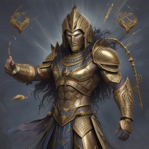 Ancient Egyptian-Inspired Iron Uru Armor in Comic Book Style