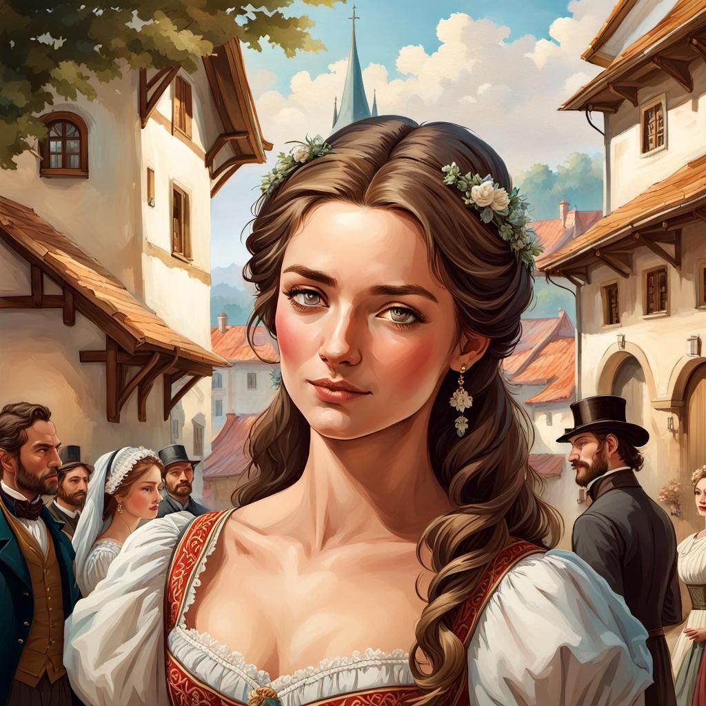 Hungarian Woman Portrait in 1800s Village, Art Nouveau Style