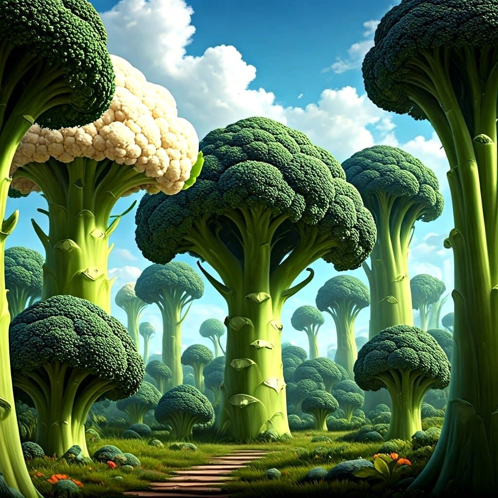 Surreal Broccoli and Cauliflower Forest Landscape