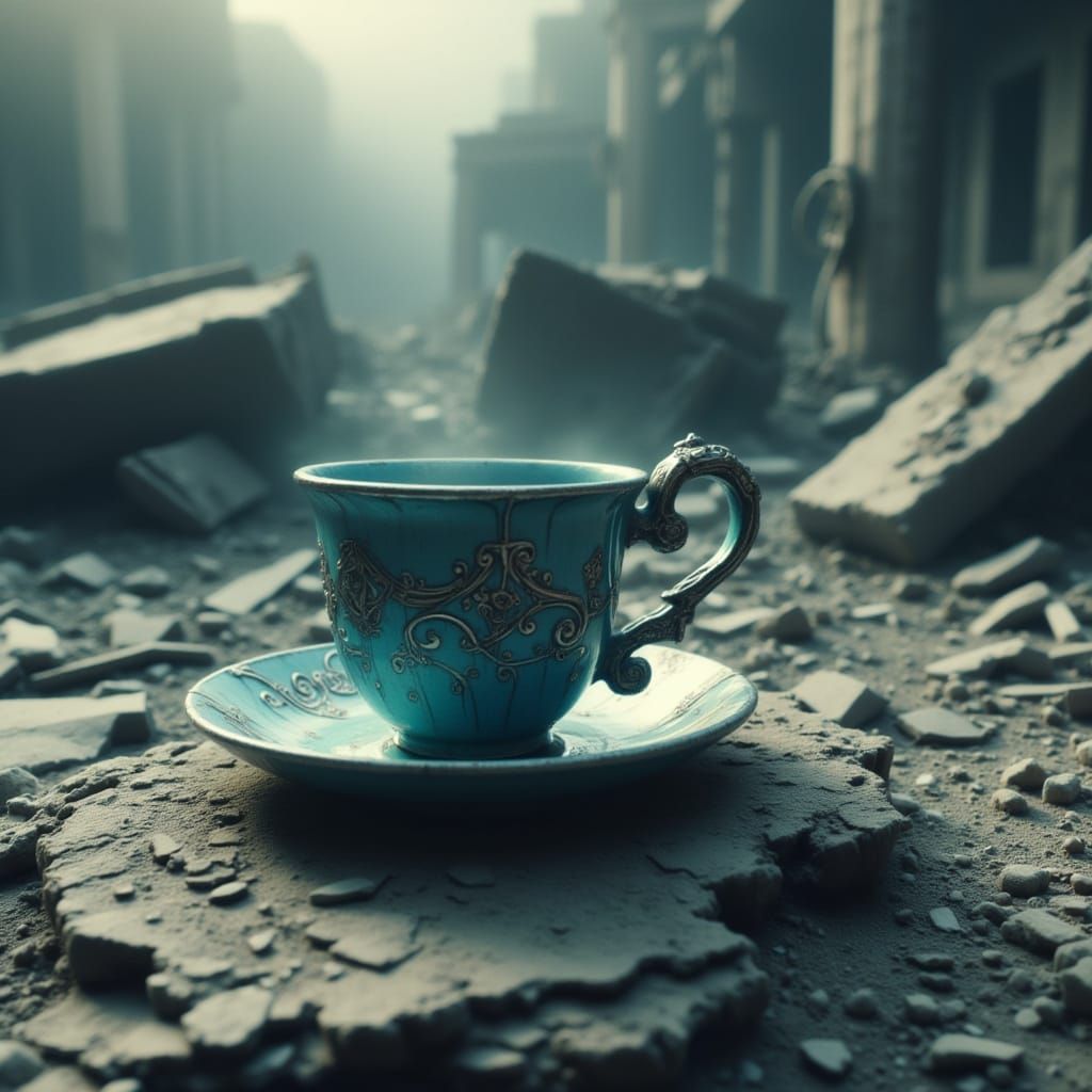 Blue Teacup on Post-Apocalyptic Ruins in Cyberpunk Style