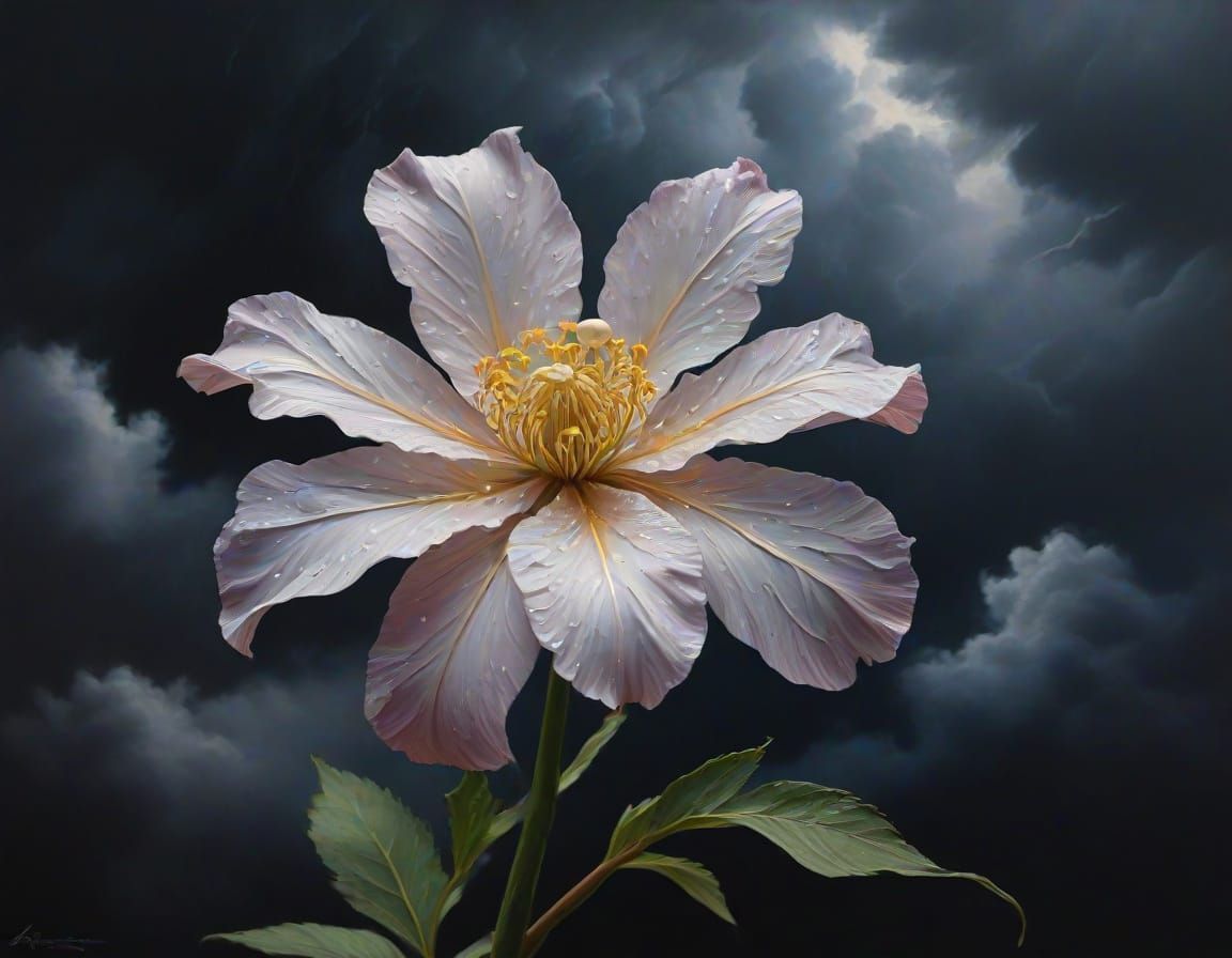 Iridescent Flower Against Thunder Clouds as Impasto Painting