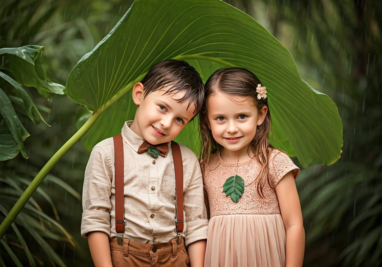 Siblings Seek Shelter Under Giant Leaf in Gentle Rain