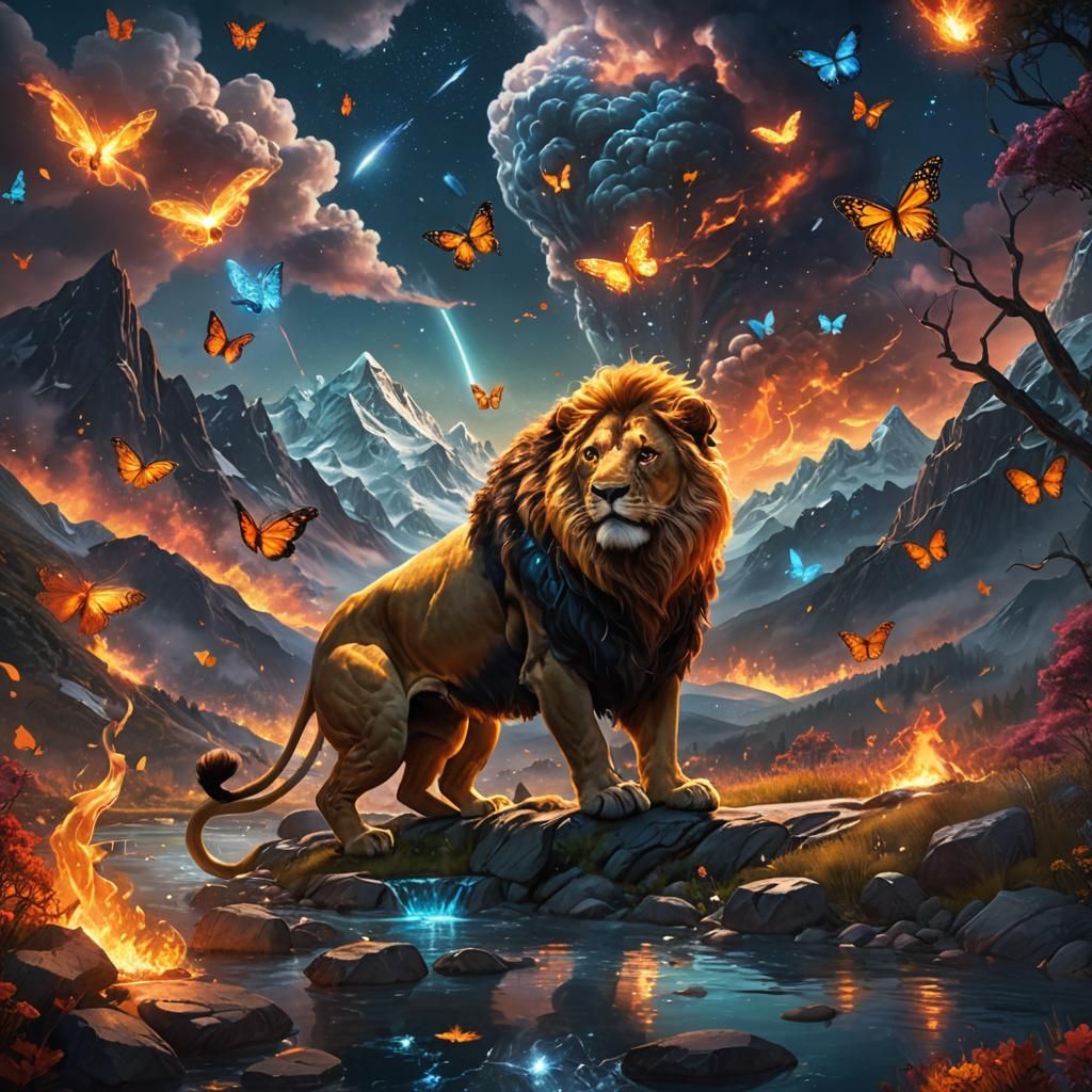 Magical Lion King in a Fantastical Landscape