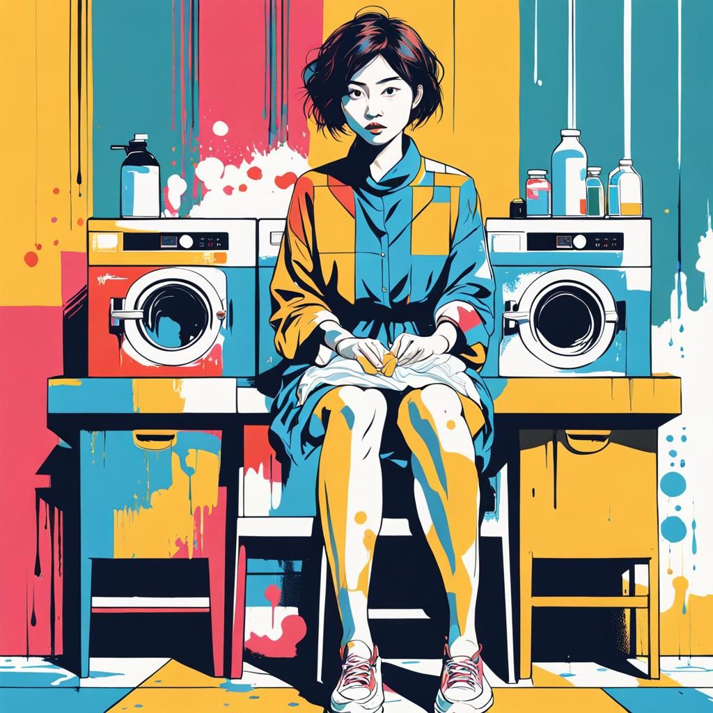 Asian Woman Washing Clothes in Pop Art Style