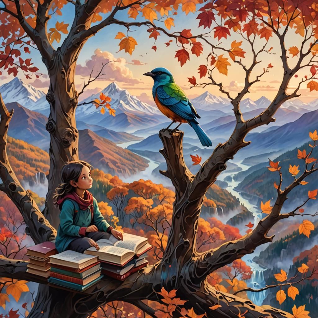 Bird Scribe Observes Girl with Books