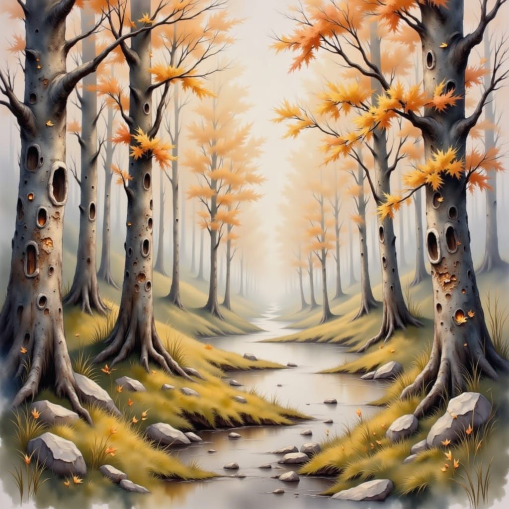 Misty Forest with Glowing Runes in Expressive Watercolor Sty...