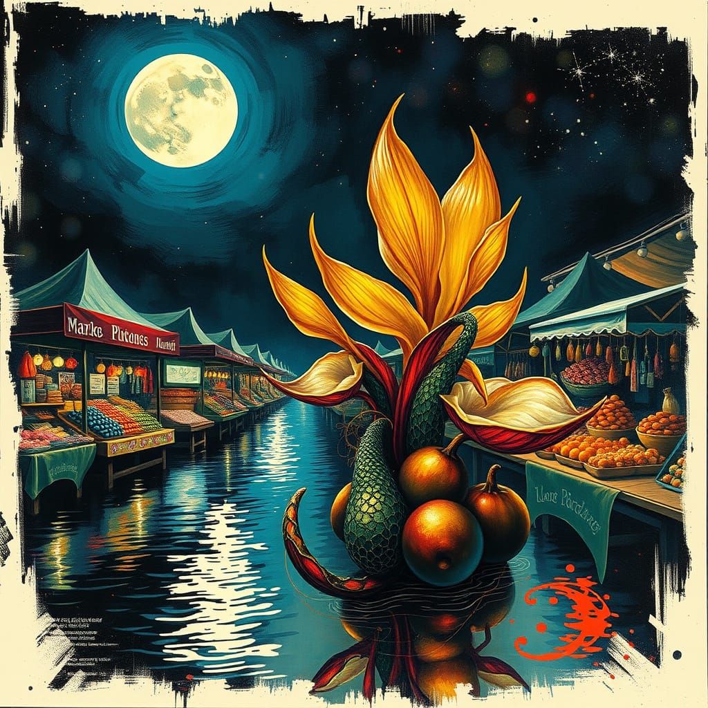 Surrealist Market Scene under a Full Moon