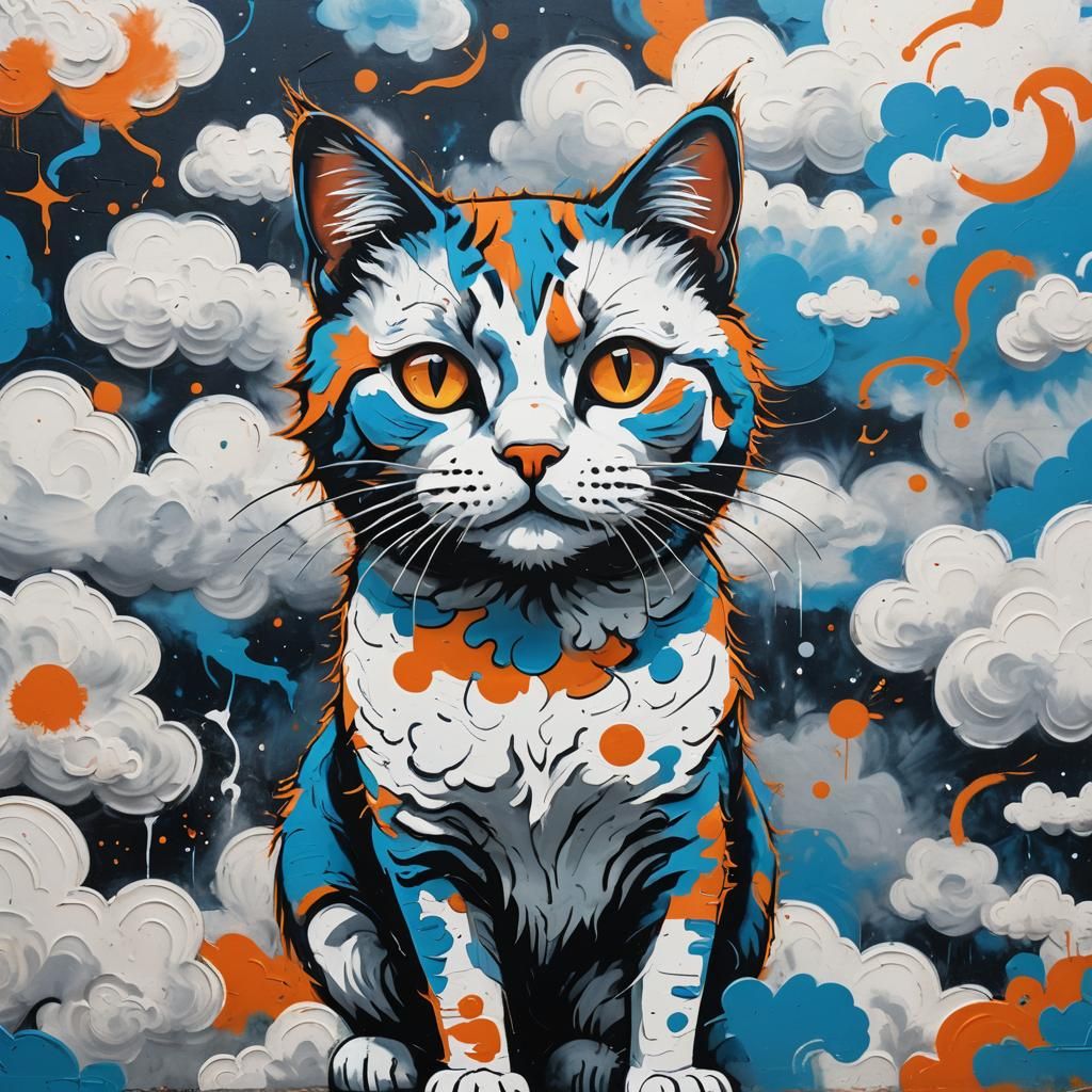Cat Surrounded by Clouds in Street Art Style