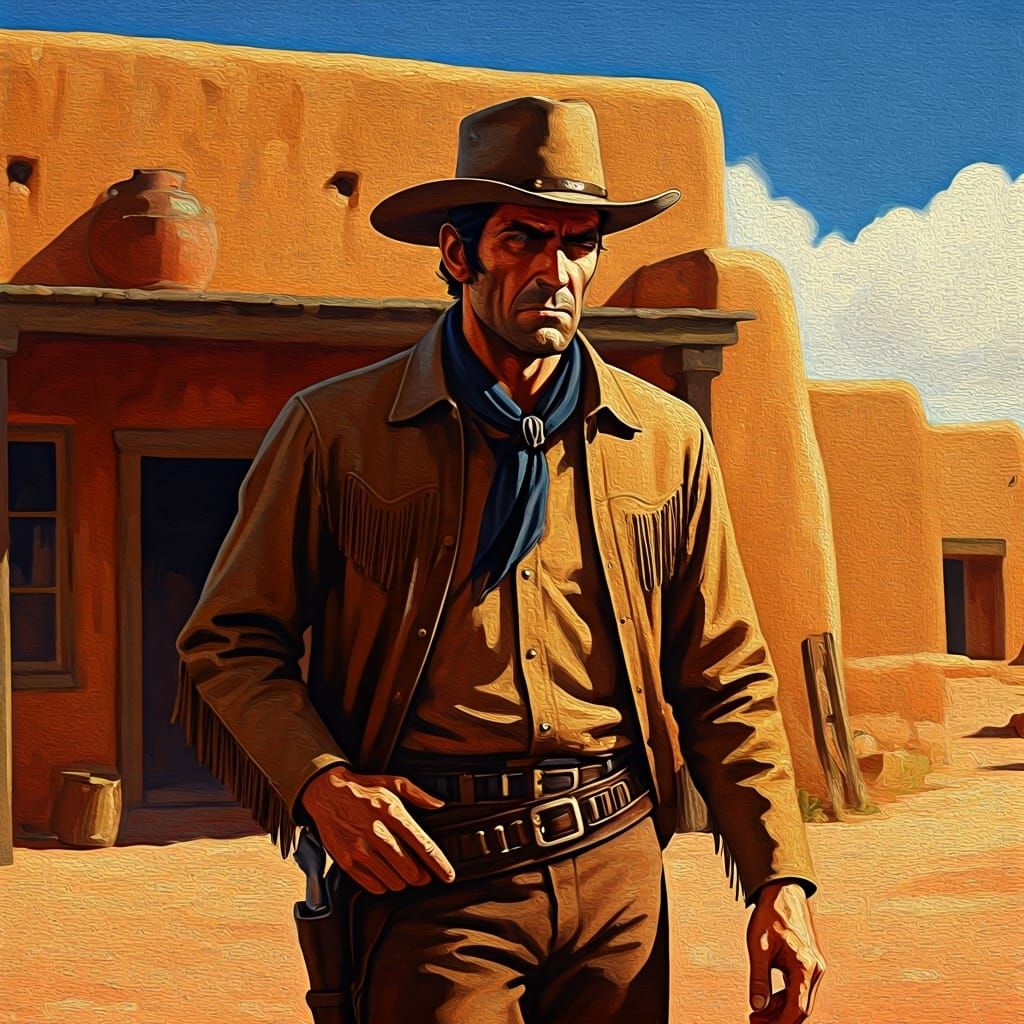 Gunman Outside Cantina: Impressionistic Oil Painting