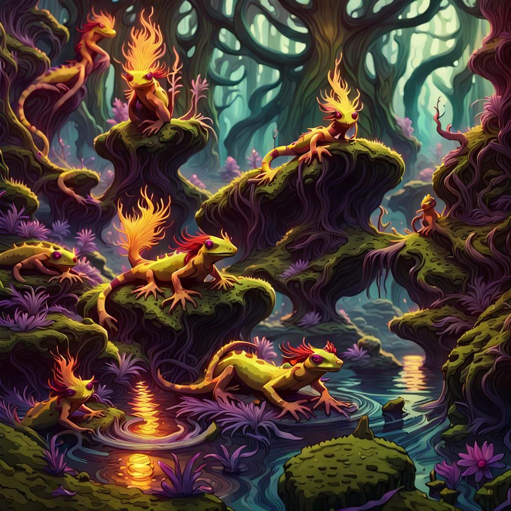 Fire Salamanders in a Magical Fairy Forest