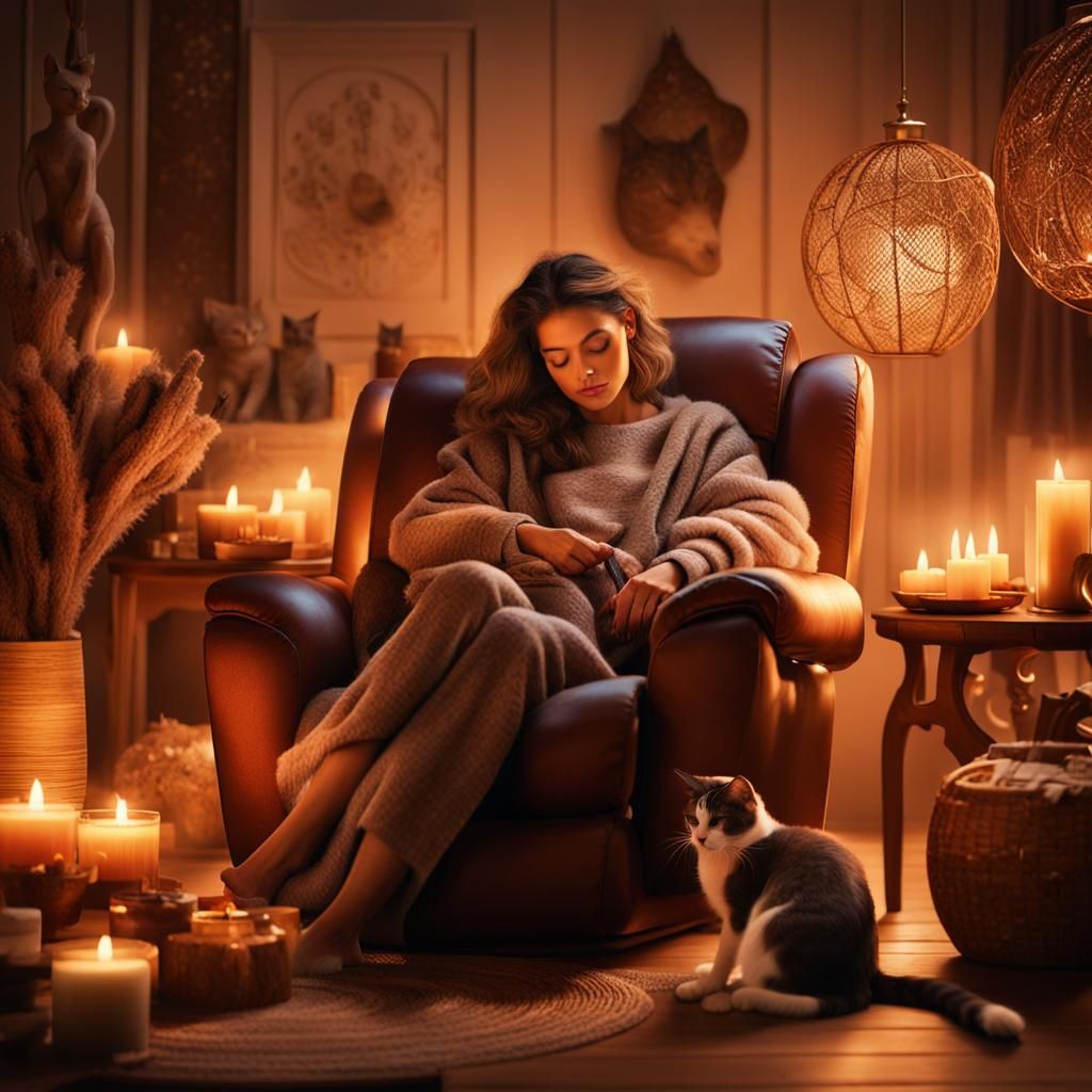 Cozy Living Room Scene with Woman and Cat