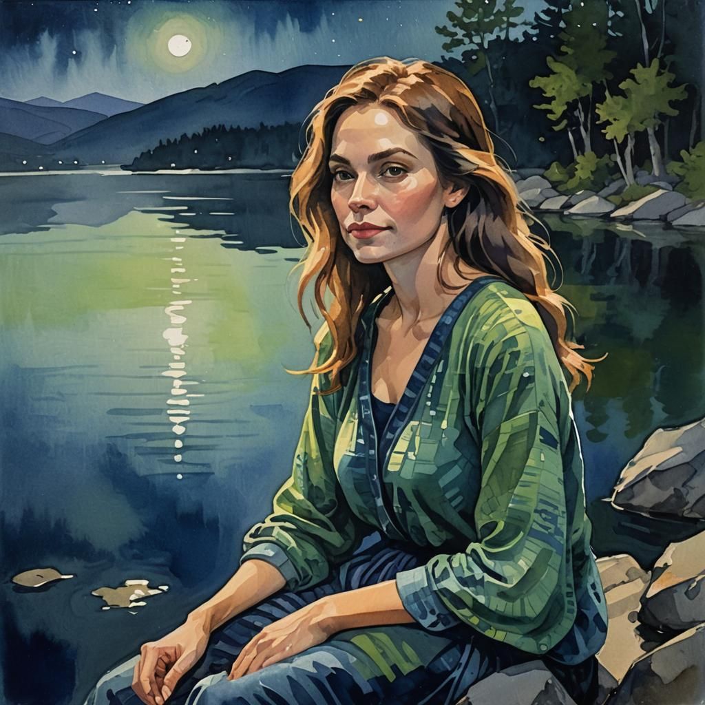 Moonlit Gouache Portrait of a Woman by Lake