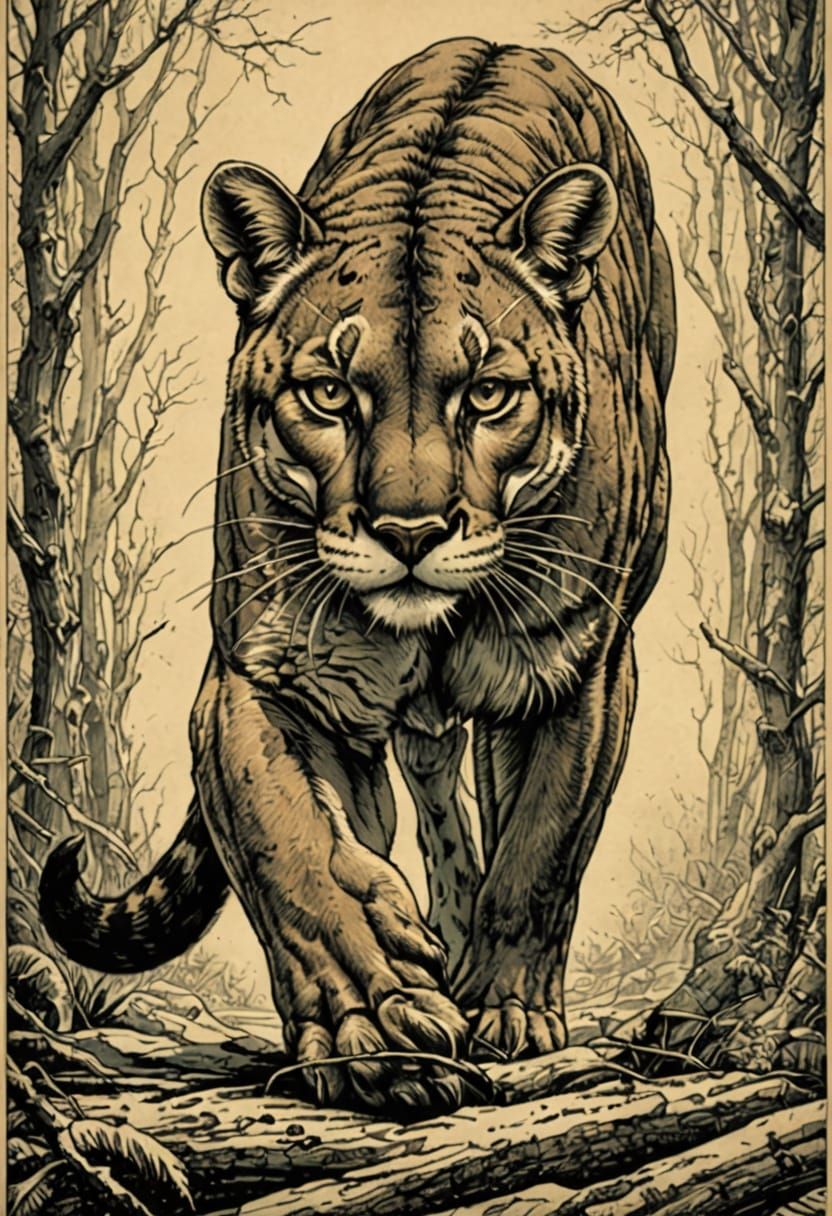Medieval Cougar Engraving in Comic Book Style