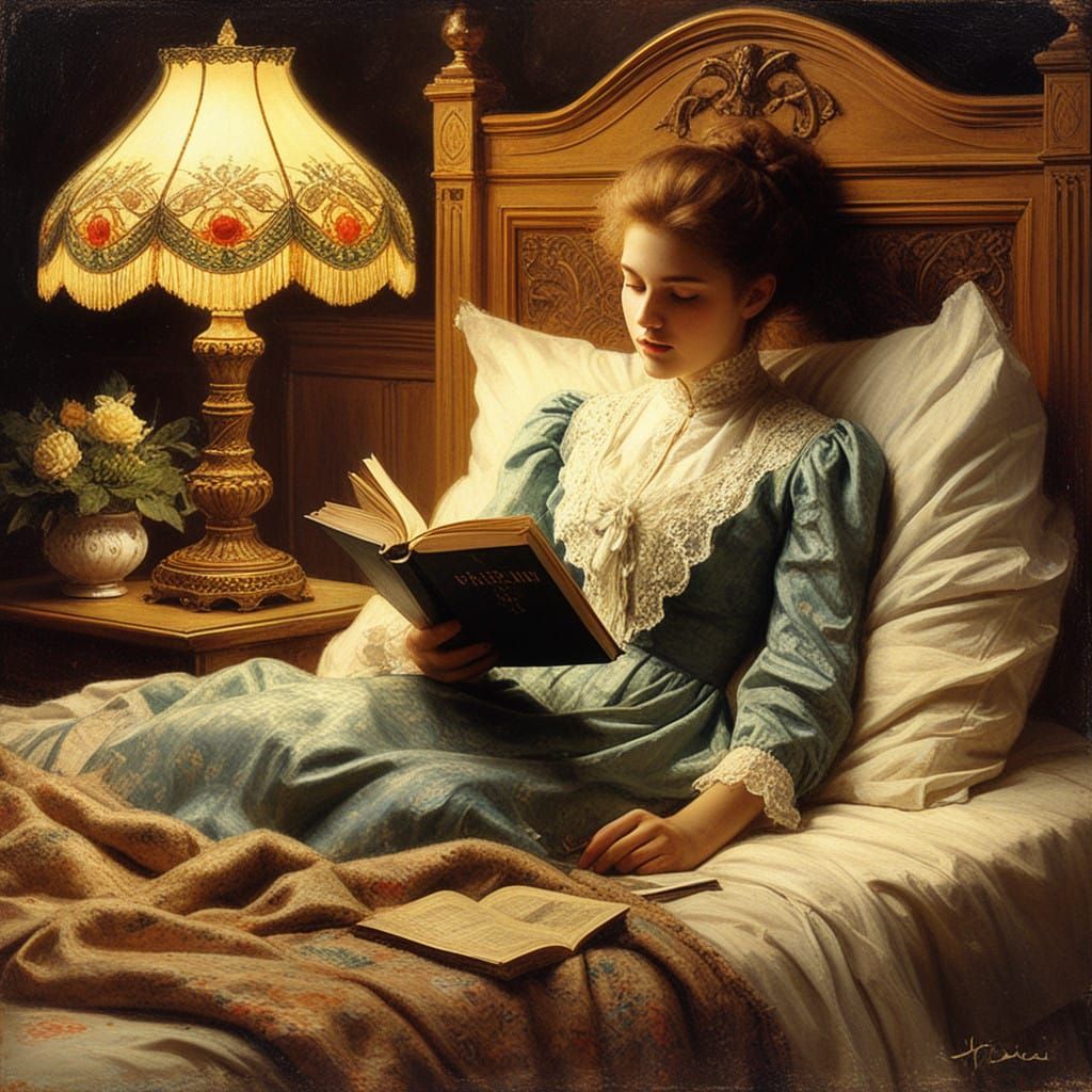 Woman Reads in Velvet Bed with Bedside Lamp